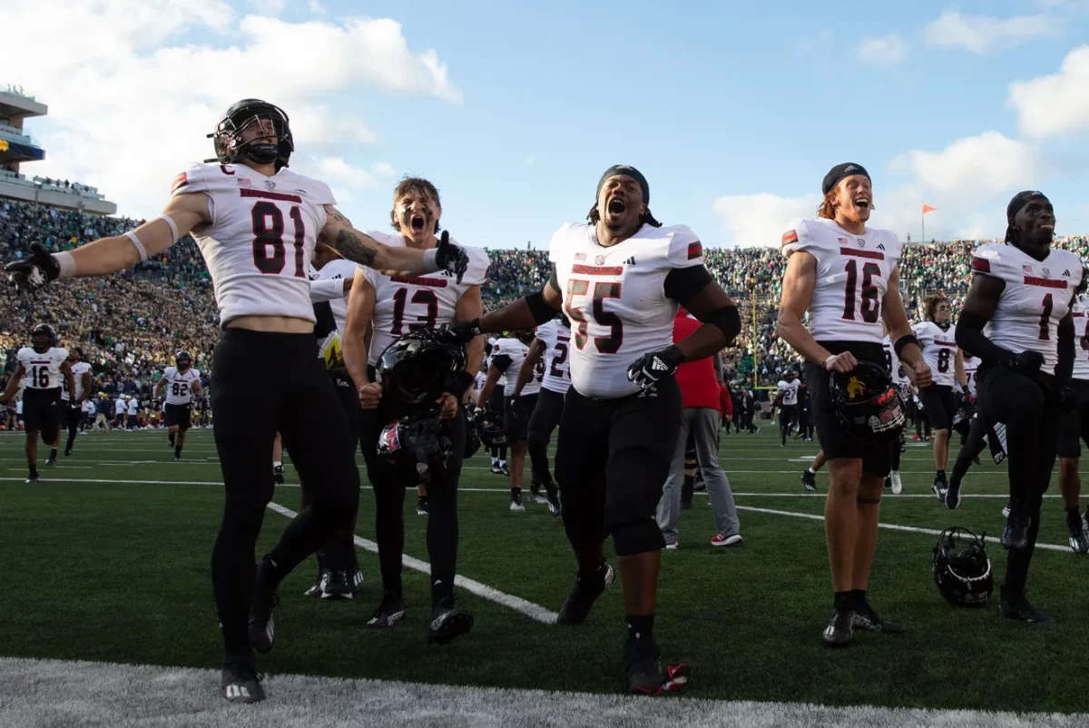 NIU celebrates their 16-14 win over Notre Dame. (Via NDInsider photographer Michael Clubb)